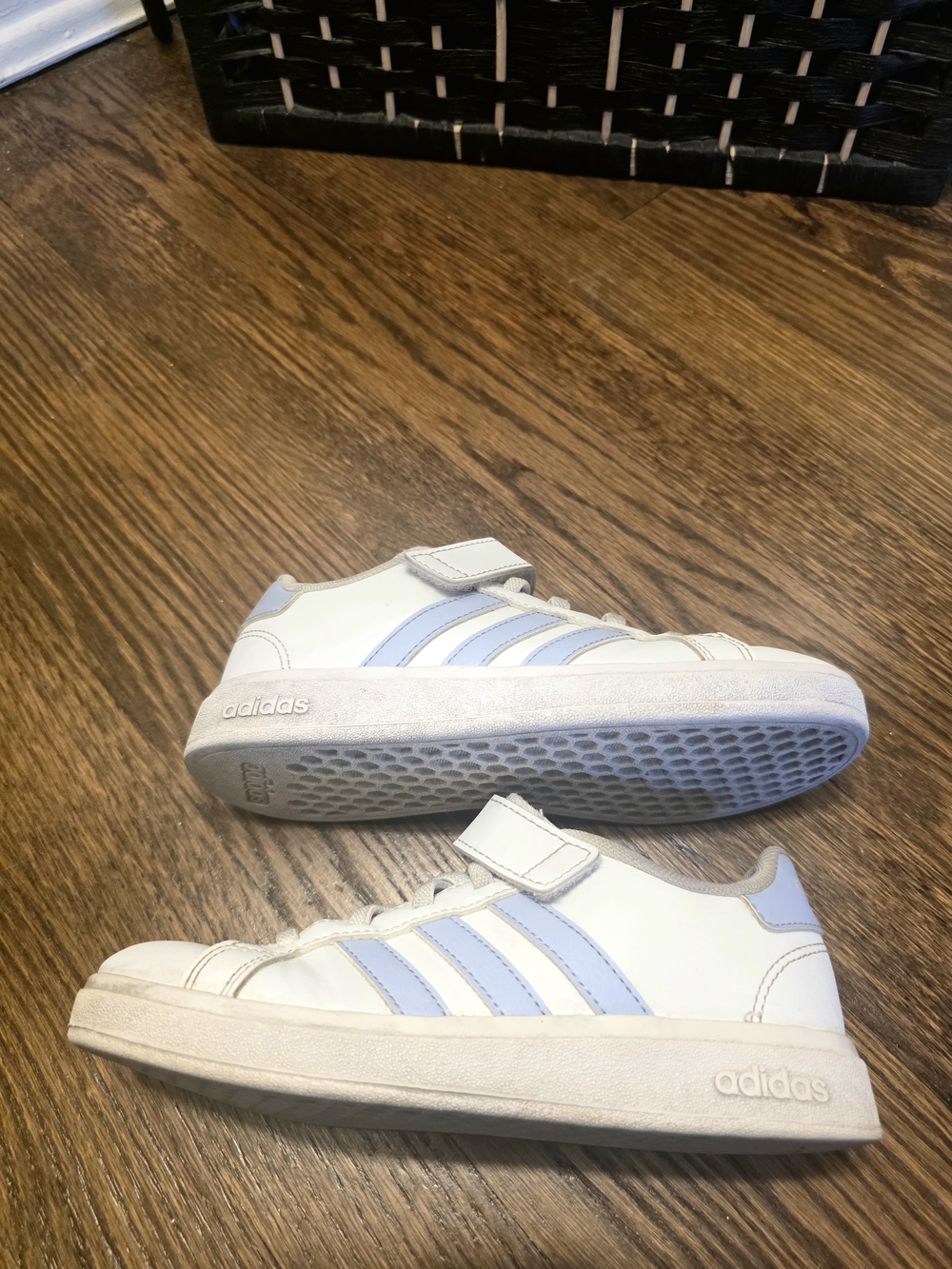 adidas Kids White Sneakers with Light Blue Stripes Velcro